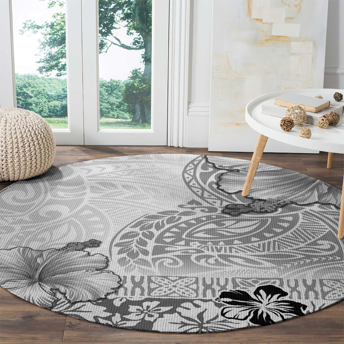 Hawaii Hibiscus With White Polynesian Pattern Round Carpet LT05 - Polynesian Pride