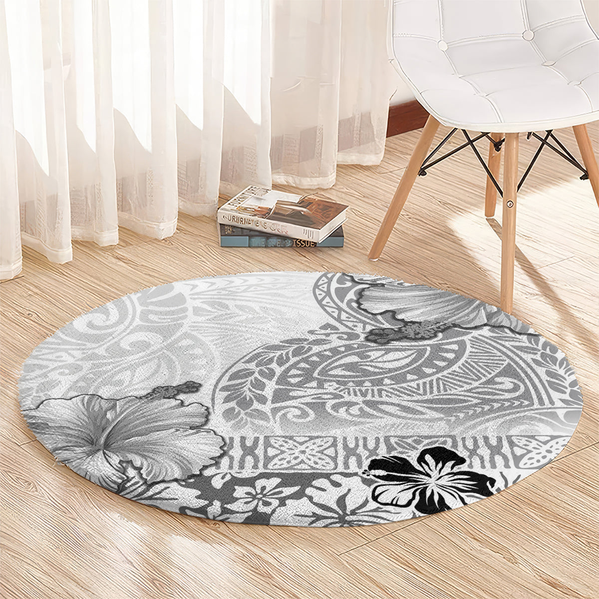 Hawaii Hibiscus With White Polynesian Pattern Round Carpet LT05 - Polynesian Pride