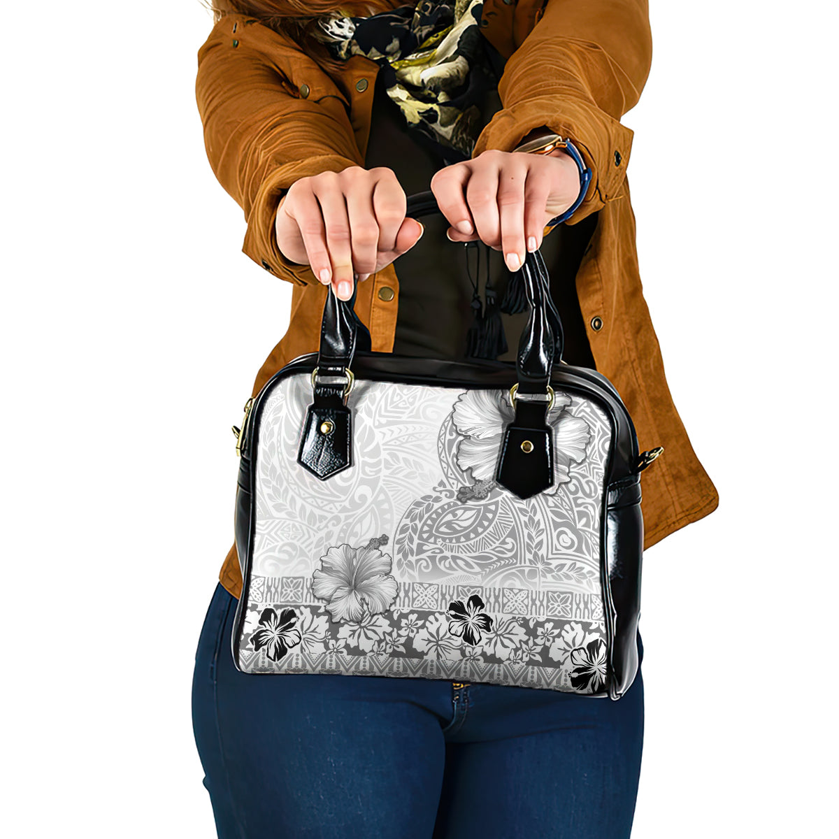 Hawaii Hibiscus With White Polynesian Pattern Shoulder Handbag LT05 One Size White - Polynesian Pride
