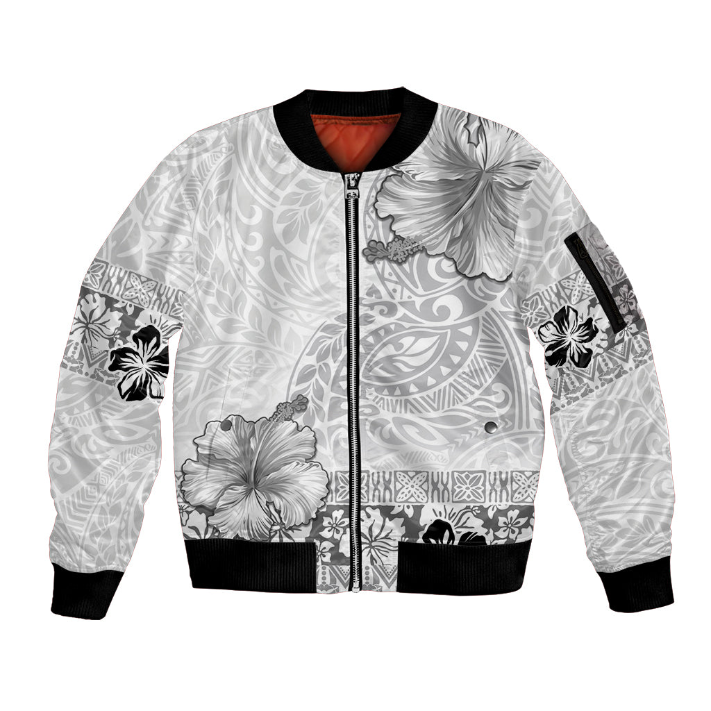 Hawaii Hibiscus With White Polynesian Pattern Sleeve Zip Bomber Jacket