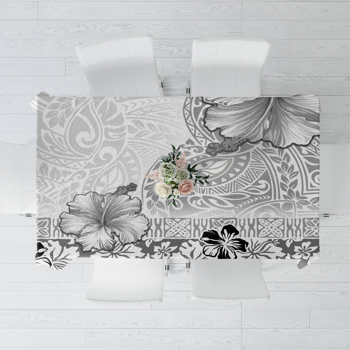 Hawaii Hibiscus With White Polynesian Pattern Tablecloth