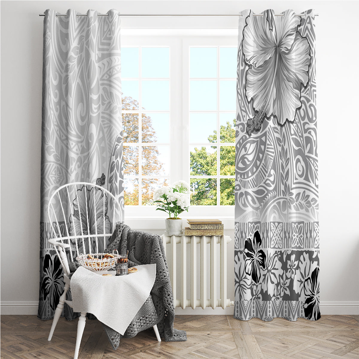 Hawaii Hibiscus With White Polynesian Pattern Window Curtain LT05 - Polynesian Pride