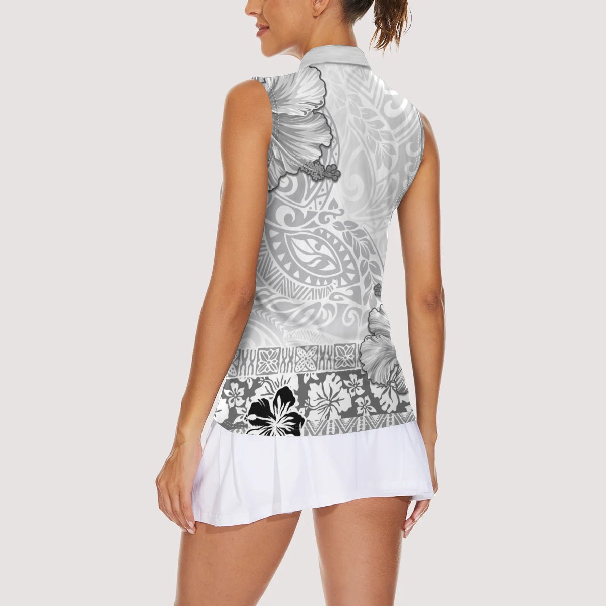 Hawaii Hibiscus With White Polynesian Pattern Women Sleeveless Polo Shirt