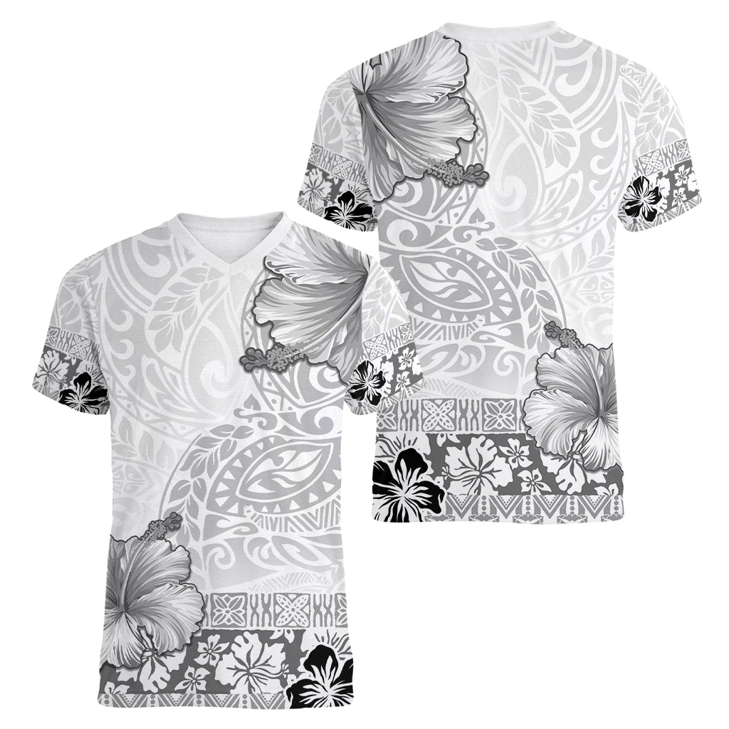 Hawaii Hibiscus With White Polynesian Pattern Women V-Neck T-Shirt