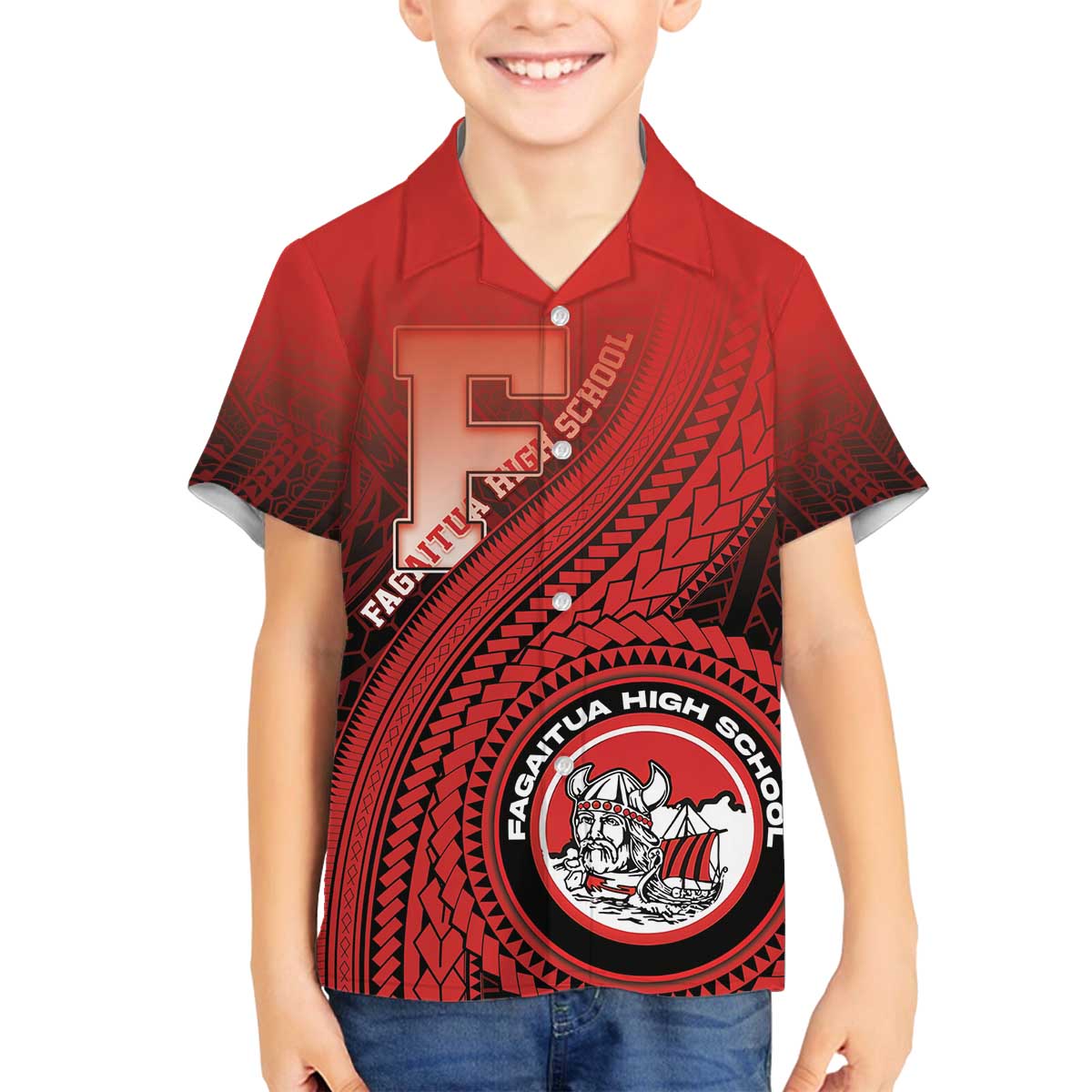 Personalized Fagaitua High School Family Matching Off The Shoulder Long Sleeve Dress and Hawaiian Shirt Polynesian Tribal Pattern