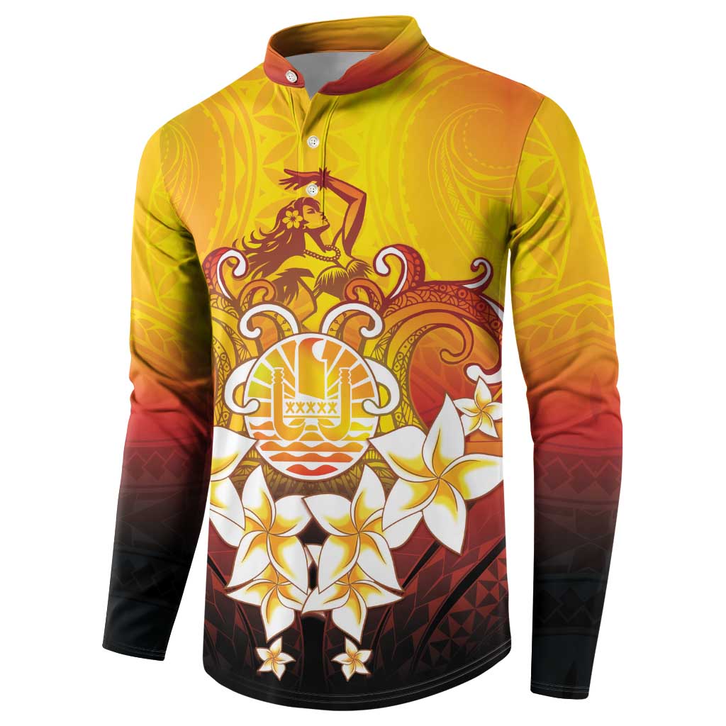 Tahiti Heiva Festival Button Sweatshirt Tahitian Vahine Plumeria Flowers