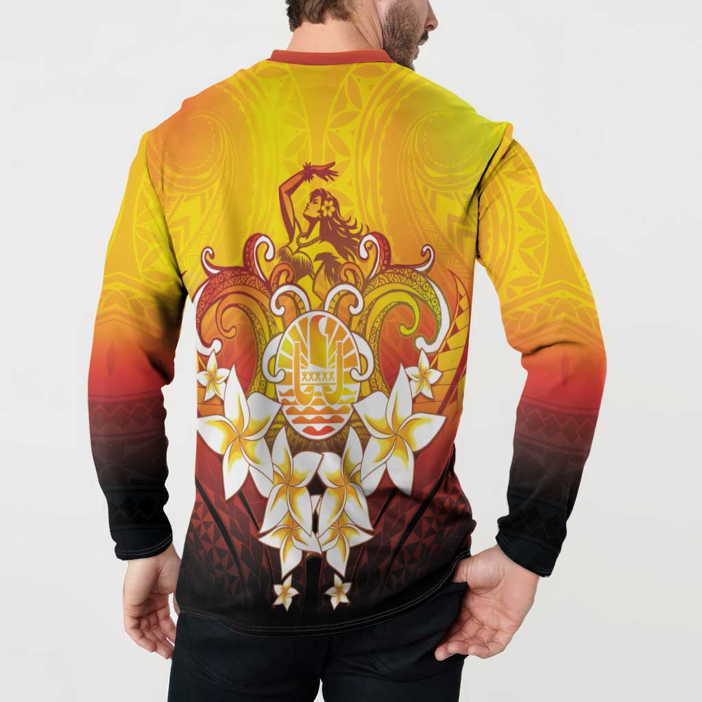 Tahiti Heiva Festival Button Sweatshirt Tahitian Vahine Plumeria Flowers