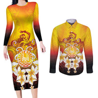 Tahiti Heiva Festival Couples Matching Long Sleeve Bodycon Dress and Long Sleeve Button Shirt Tahitian Vahine Plumeria Flowers