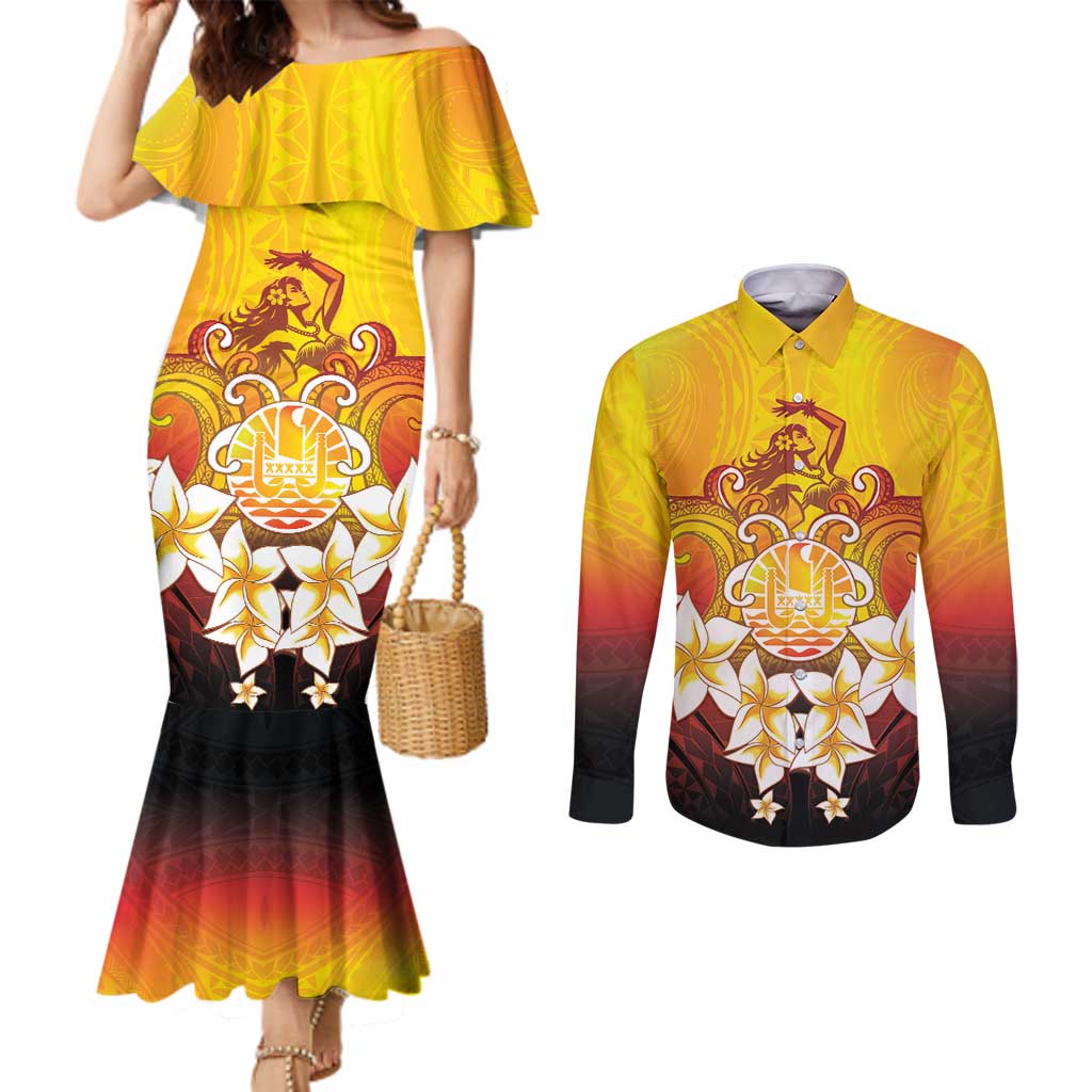 Tahiti Heiva Festival Couples Matching Mermaid Dress and Long Sleeve Button Shirt Tahitian Vahine Plumeria Flowers