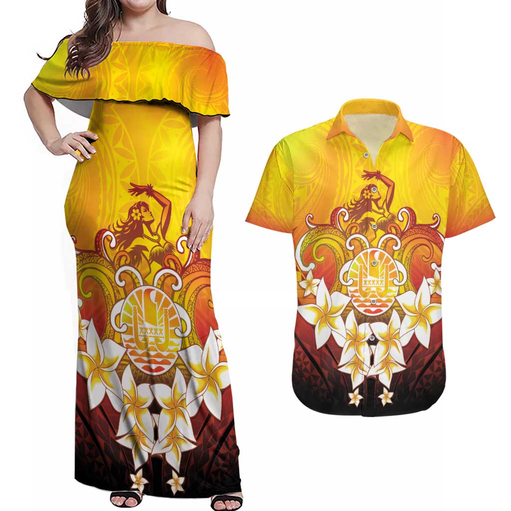 Tahiti Heiva Festival Couples Matching Off Shoulder Maxi Dress and Hawaiian Shirt Tahitian Vahine Plumeria Flowers