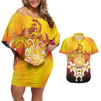 Tahiti Heiva Festival Couples Matching Off Shoulder Short Dress and Hawaiian Shirt Tahitian Vahine Plumeria Flowers