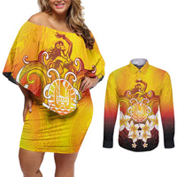 Tahiti Heiva Festival Couples Matching Off Shoulder Short Dress and Long Sleeve Button Shirt Tahitian Vahine Plumeria Flowers