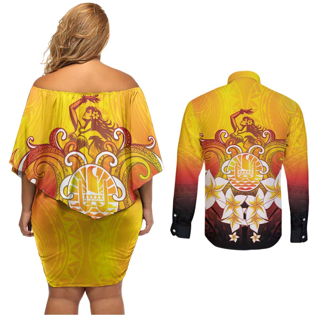 Tahiti Heiva Festival Couples Matching Off Shoulder Short Dress and Long Sleeve Button Shirt Tahitian Vahine Plumeria Flowers