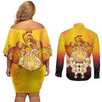 Tahiti Heiva Festival Couples Matching Off Shoulder Short Dress and Long Sleeve Button Shirt Tahitian Vahine Plumeria Flowers