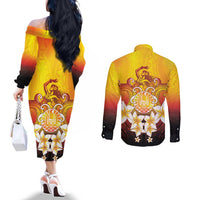 Tahiti Heiva Festival Couples Matching Off The Shoulder Long Sleeve Dress and Long Sleeve Button Shirt Tahitian Vahine Plumeria Flowers