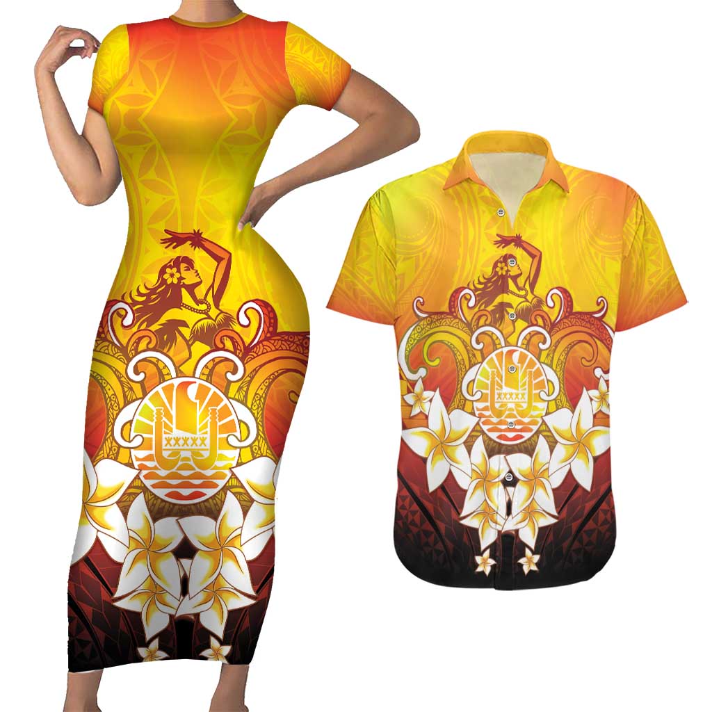 Tahiti Heiva Festival Couples Matching Short Sleeve Bodycon Dress and Hawaiian Shirt Tahitian Vahine Plumeria Flowers LT05 Yellow - Polynesian Pride