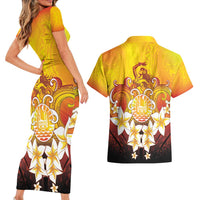 Tahiti Heiva Festival Couples Matching Short Sleeve Bodycon Dress and Hawaiian Shirt Tahitian Vahine Plumeria Flowers