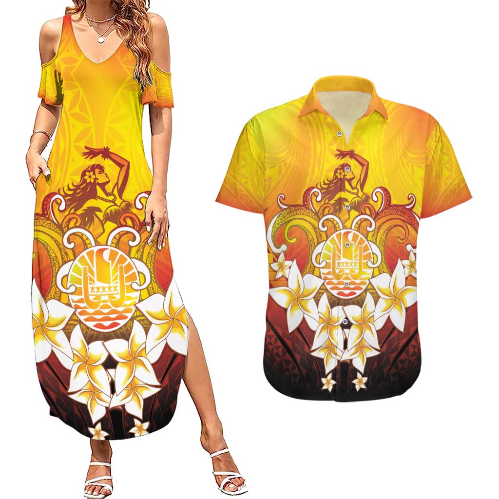 Tahiti Heiva Festival Couples Matching Summer Maxi Dress and Hawaiian Shirt Tahitian Vahine Plumeria Flowers