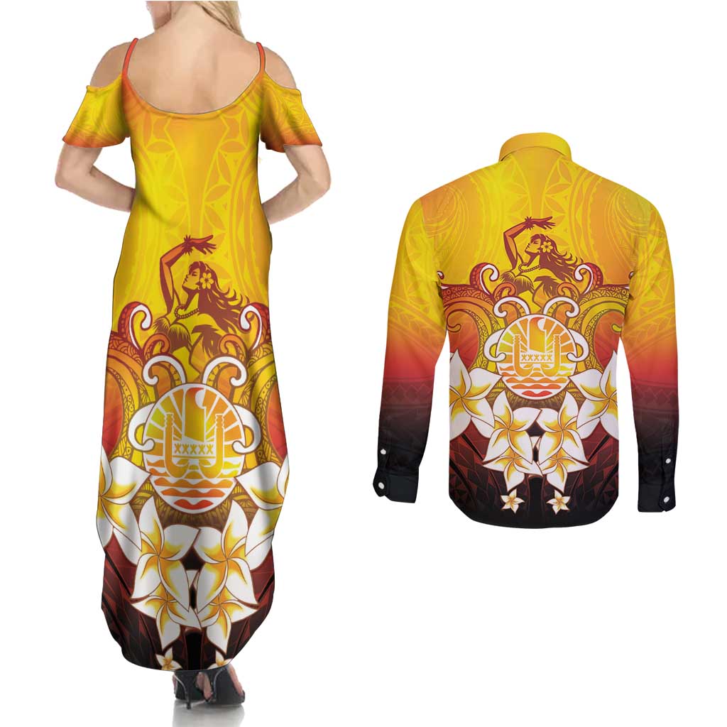 Tahiti Heiva Festival Couples Matching Summer Maxi Dress and Long Sleeve Button Shirt Tahitian Vahine Plumeria Flowers