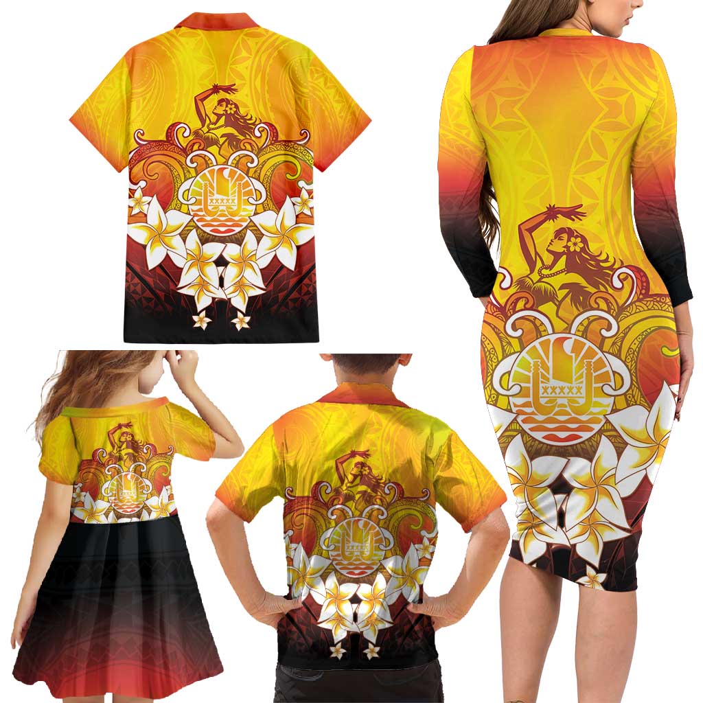 Tahiti Heiva Festival Family Matching Long Sleeve Bodycon Dress and Hawaiian Shirt Tahitian Vahine Plumeria Flowers