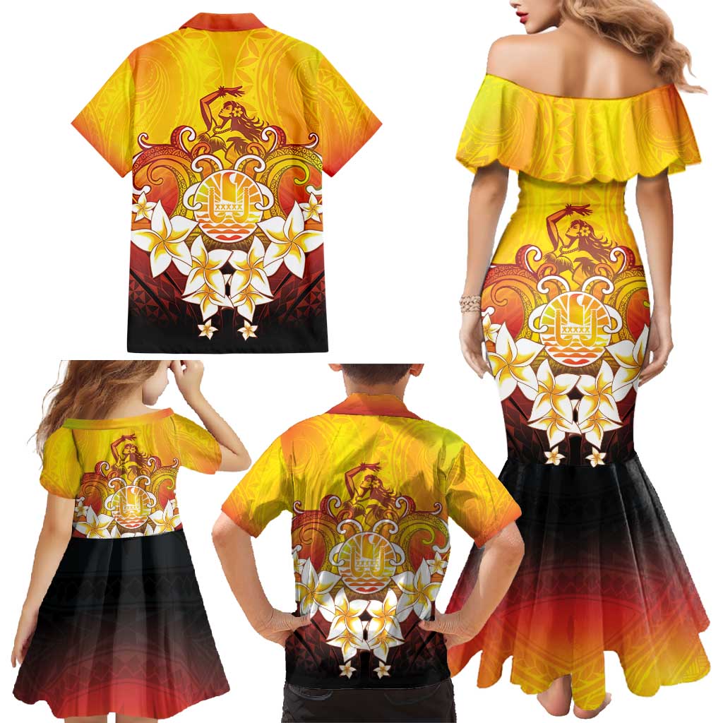 Tahiti Heiva Festival Family Matching Mermaid Dress and Hawaiian Shirt Tahitian Vahine Plumeria Flowers
