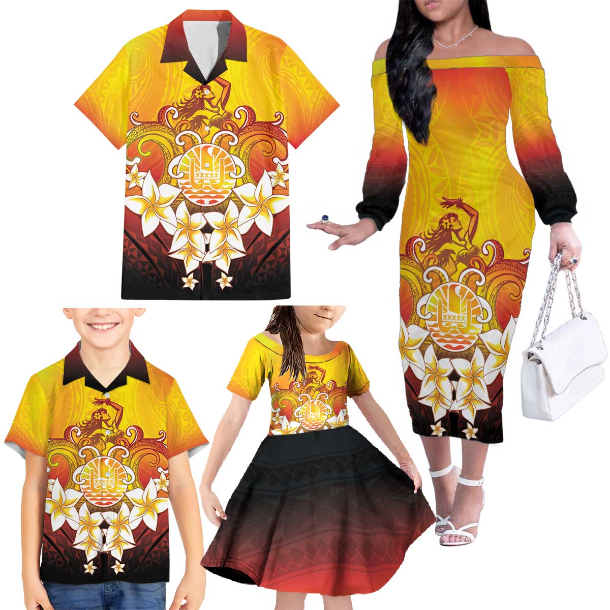 Tahiti Heiva Festival Family Matching Off The Shoulder Long Sleeve Dress and Hawaiian Shirt Tahitian Vahine Plumeria Flowers