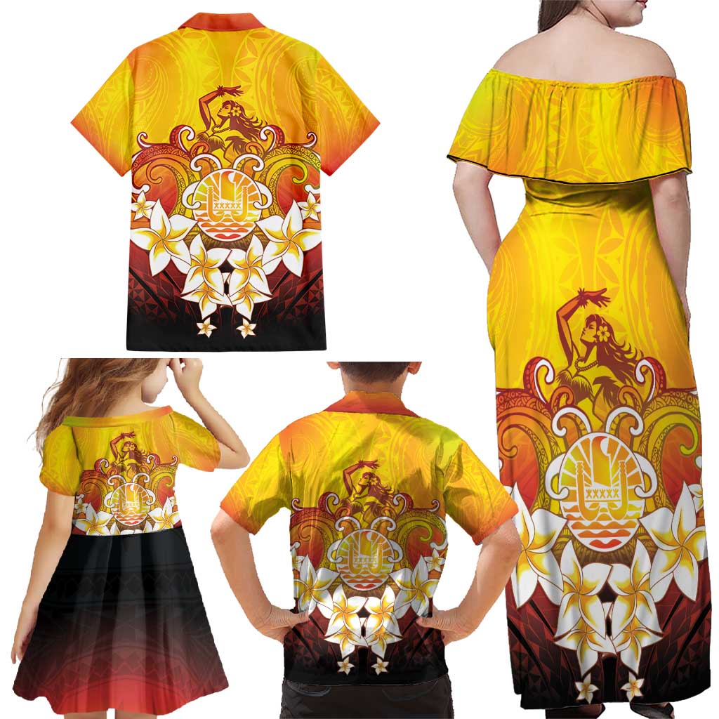 Tahiti Heiva Festival Family Matching Off Shoulder Maxi Dress and Hawaiian Shirt Tahitian Vahine Plumeria Flowers