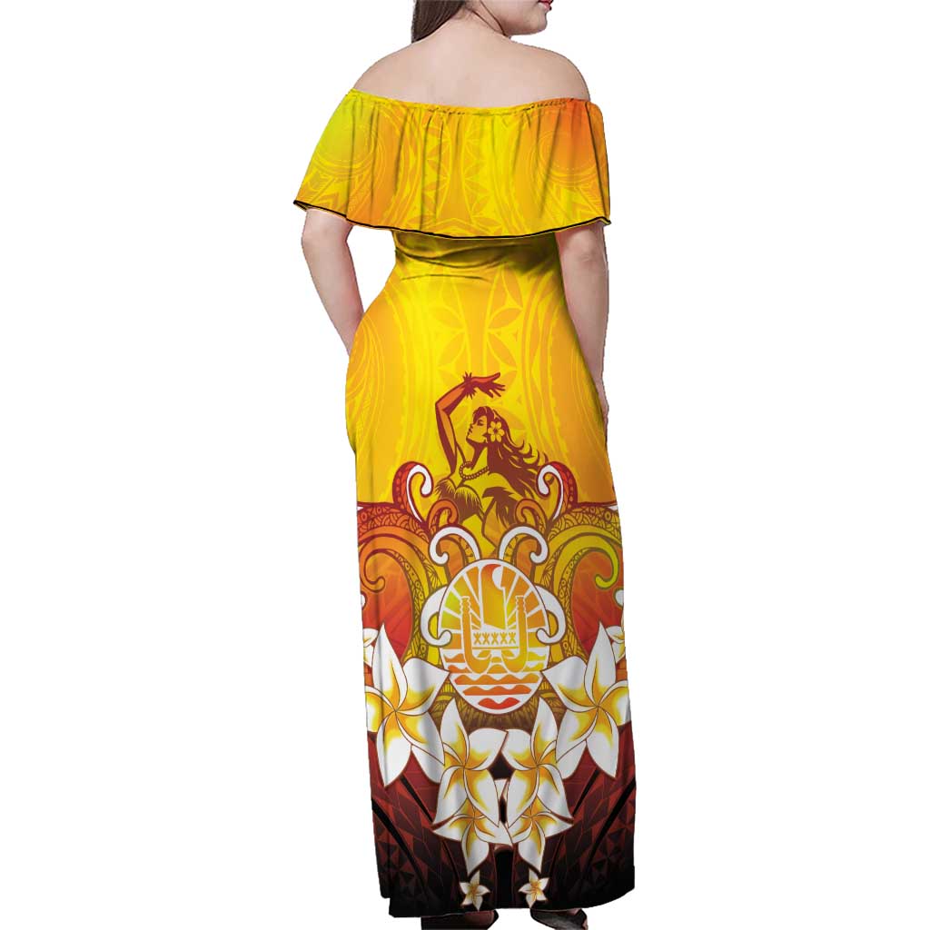 Tahiti Heiva Festival Family Matching Off Shoulder Maxi Dress and Hawaiian Shirt Tahitian Vahine Plumeria Flowers