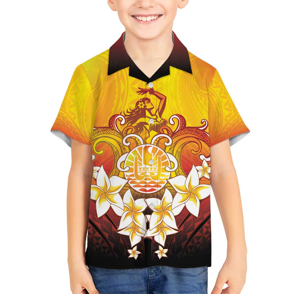 Tahiti Heiva Festival Family Matching Off Shoulder Short Dress and Hawaiian Shirt Tahitian Vahine Plumeria Flowers