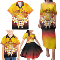 Tahiti Heiva Festival Family Matching Puletasi and Hawaiian Shirt Tahitian Vahine Plumeria Flowers