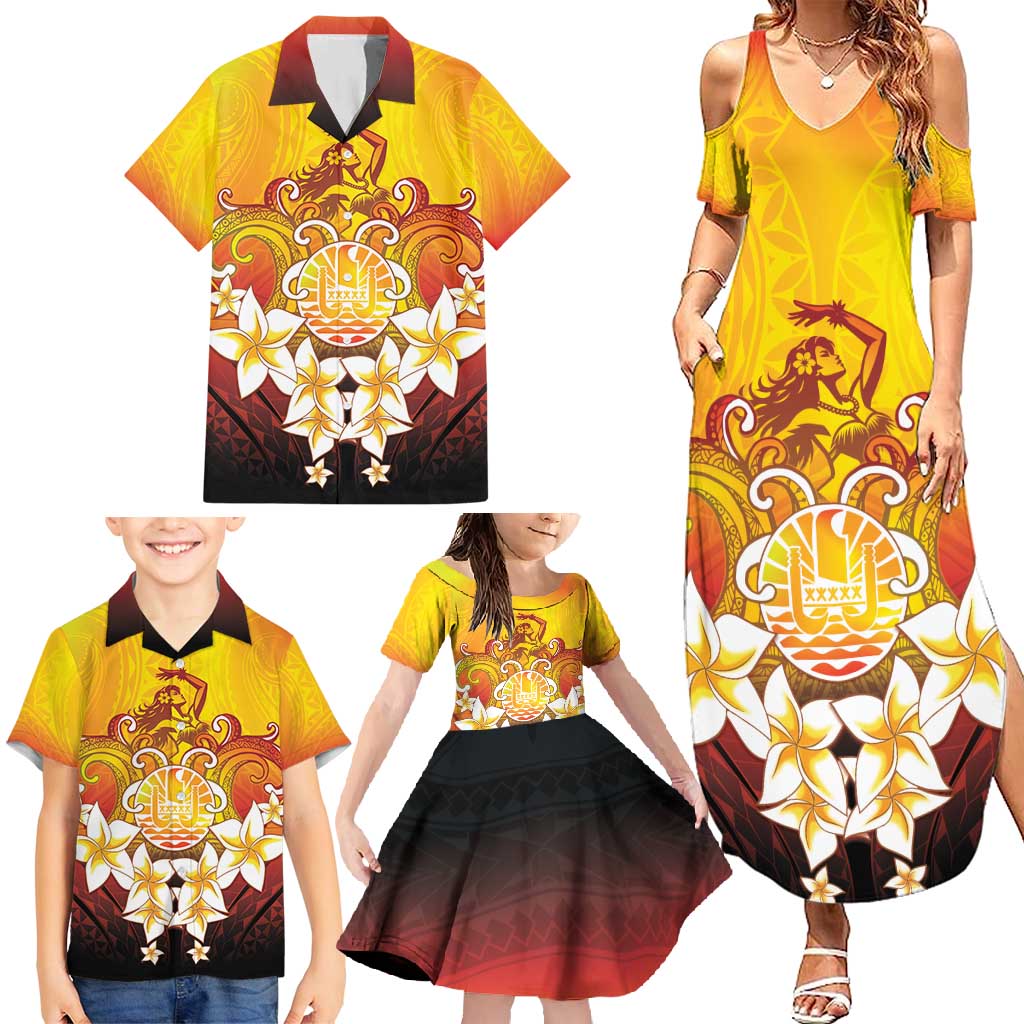 Tahiti Heiva Festival Family Matching Summer Maxi Dress and Hawaiian Shirt Tahitian Vahine Plumeria Flowers