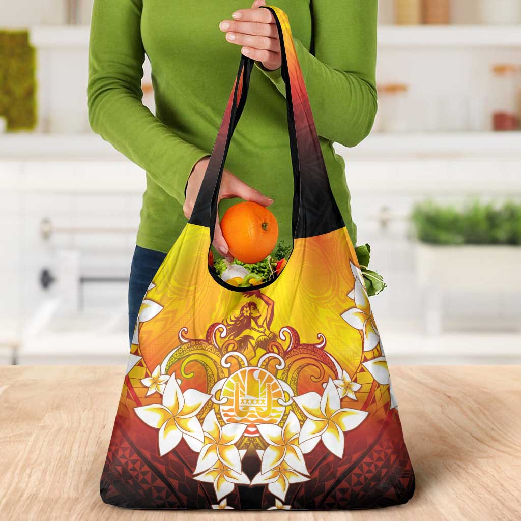 Tahiti Heiva Festival Grocery Bag Tahitian Vahine Plumeria Flowers