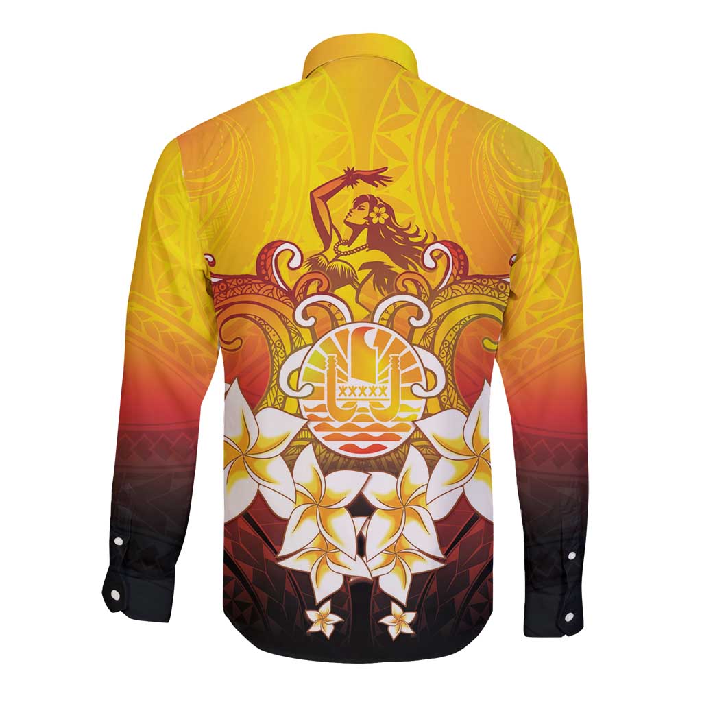 Tahiti Heiva Festival Long Sleeve Button Shirt Tahitian Vahine Plumeria Flowers