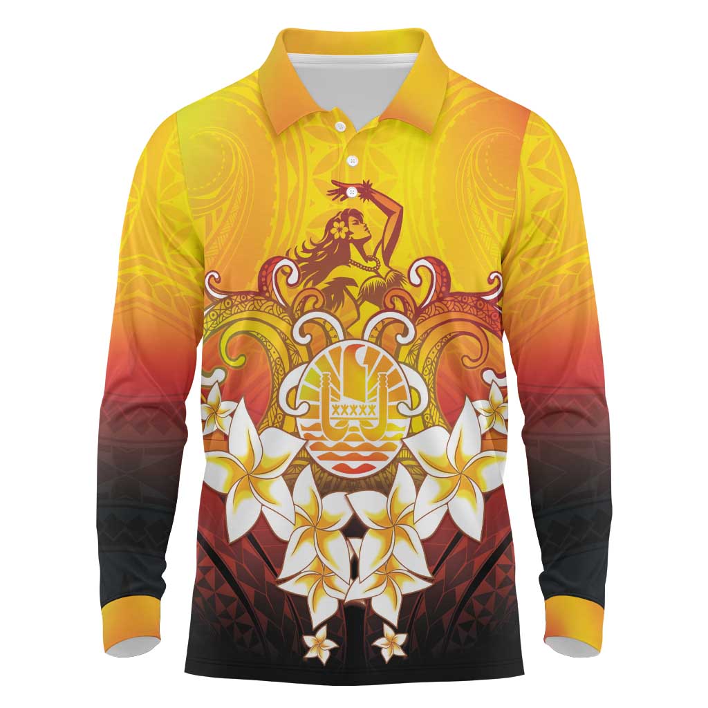 Tahiti Heiva Festival Long Sleeve Polo Shirt Tahitian Vahine Plumeria Flowers LT05 Yellow - Polynesian Pride