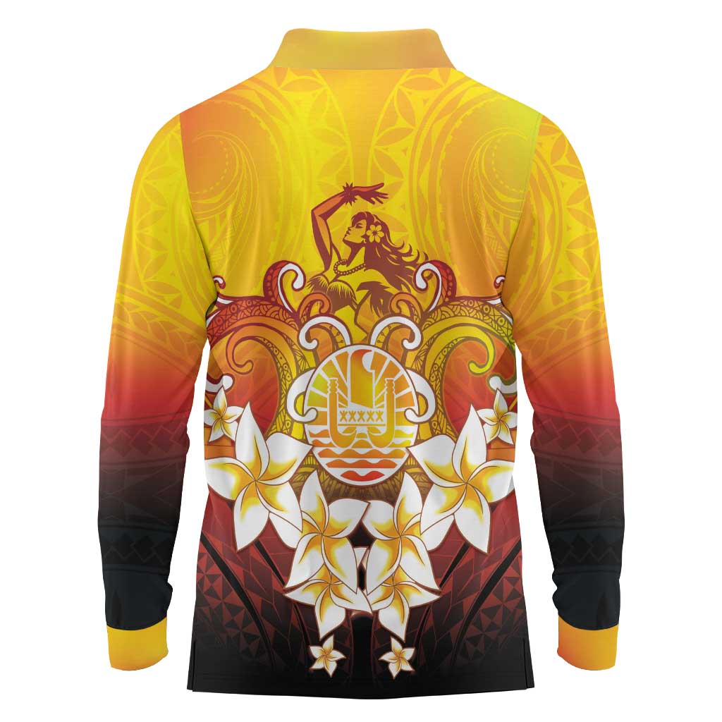 Tahiti Heiva Festival Long Sleeve Polo Shirt Tahitian Vahine Plumeria Flowers