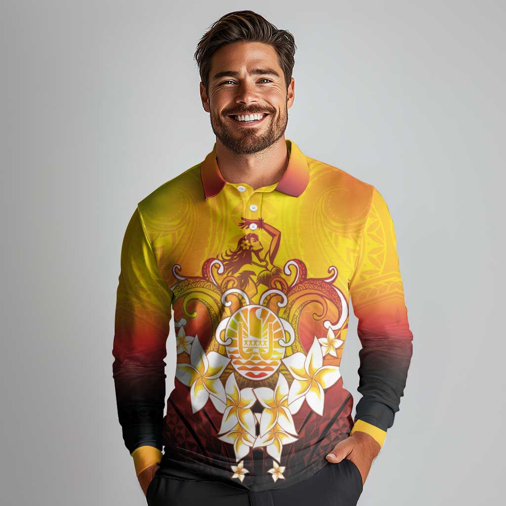 Tahiti Heiva Festival Long Sleeve Polo Shirt Tahitian Vahine Plumeria Flowers