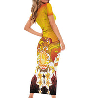 Tahiti Heiva Festival Short Sleeve Bodycon Dress Tahitian Vahine Plumeria Flowers