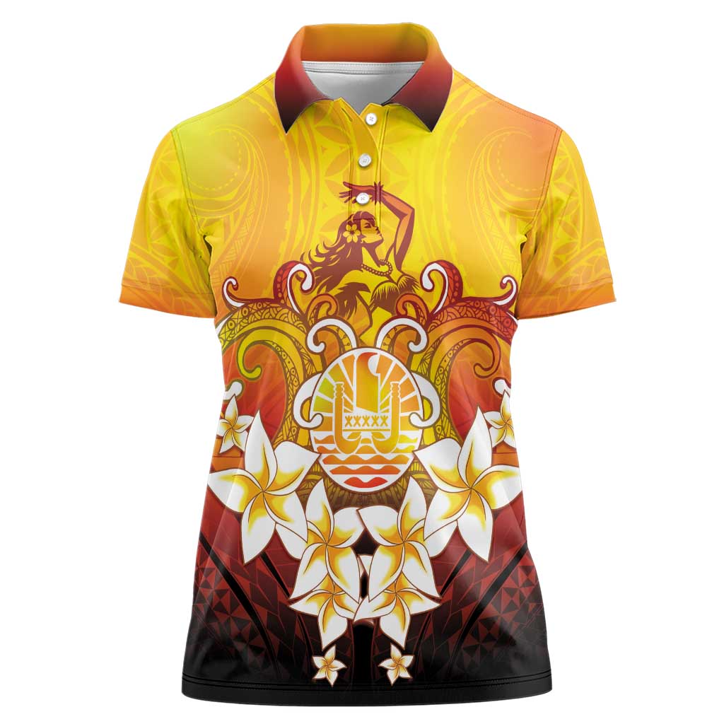 Tahiti Heiva Festival Women Polo Shirt Tahitian Vahine Plumeria Flowers