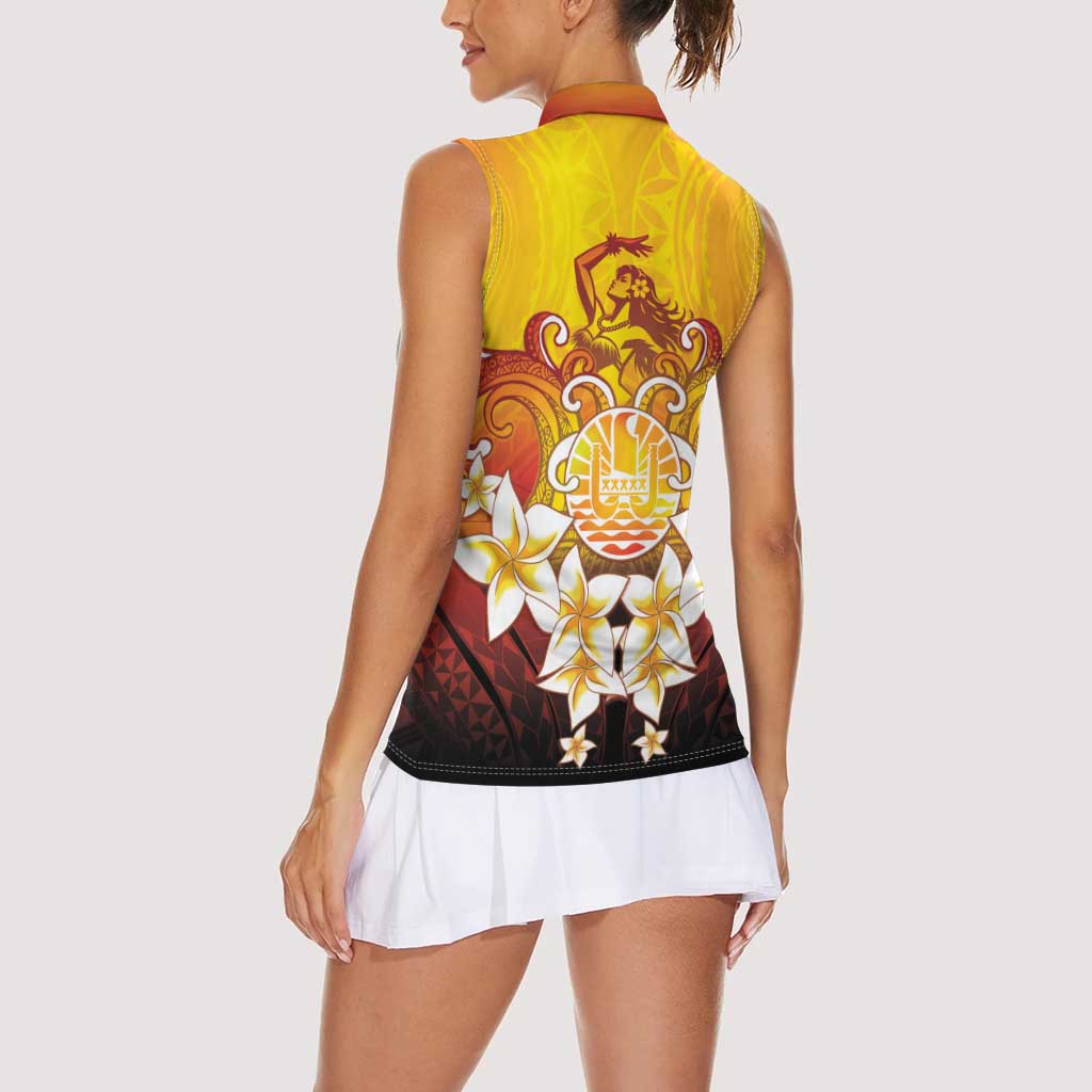 Tahiti Heiva Festival Women Sleeveless Polo Shirt Tahitian Vahine Plumeria Flowers