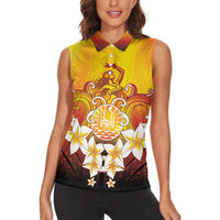 Tahiti Heiva Festival Women Sleeveless Polo Shirt Tahitian Vahine Plumeria Flowers