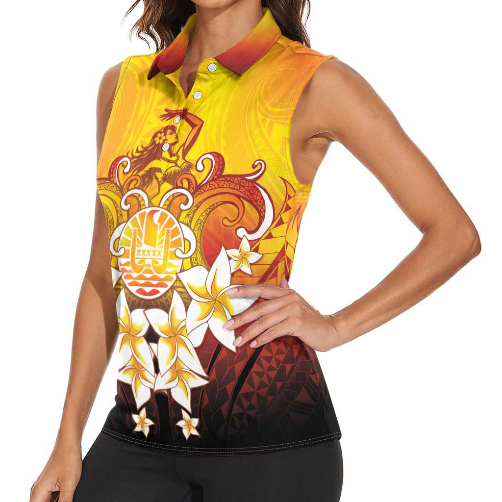 Tahiti Heiva Festival Women Sleeveless Polo Shirt Tahitian Vahine Plumeria Flowers