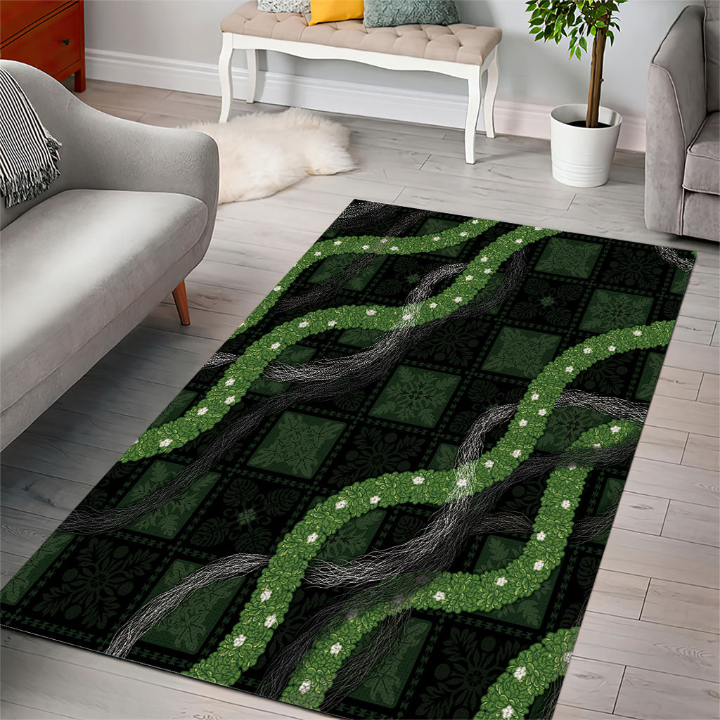 Hawaiian Quilt Area Rug Pele Hair Hinahina Lei Black Version
