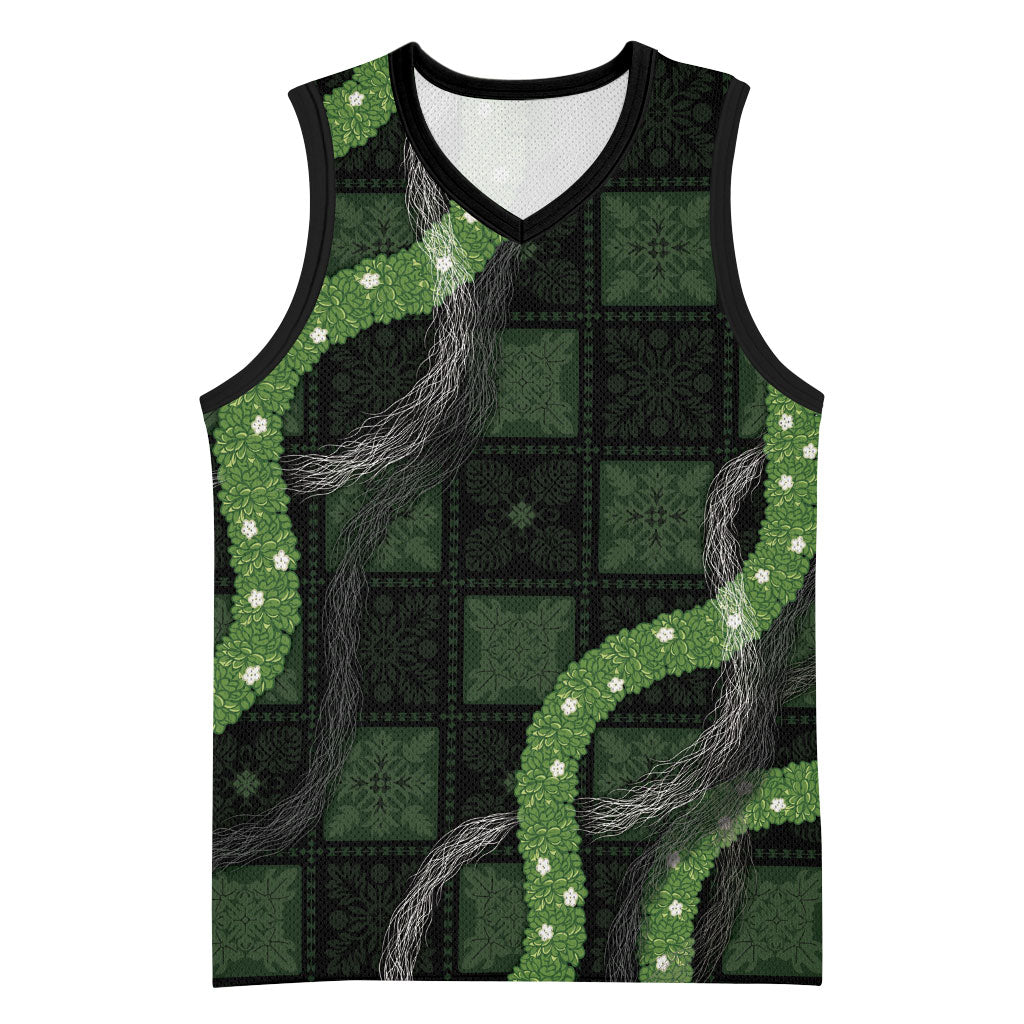 Hawaiian Quilt Basketball Jersey Pele Hair Hinahina Lei Black Version