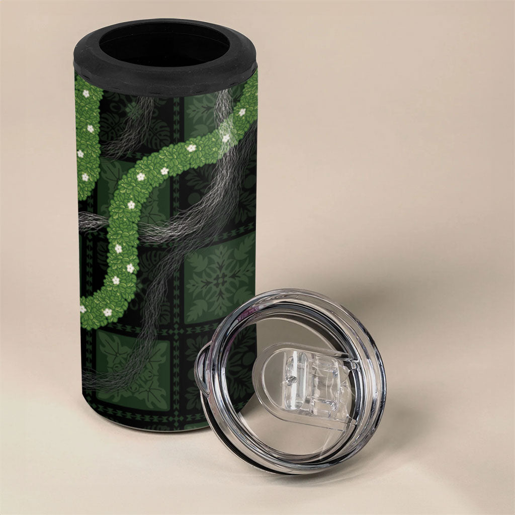 Hawaiian Quilt 4 in 1 Can Cooler Tumbler Pele Hair Hinahina Lei Black Version