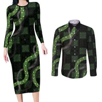Hawaiian Quilt Couples Matching Long Sleeve Bodycon Dress and Long Sleeve Button Shirt Pele Hair Hinahina Lei Black Version