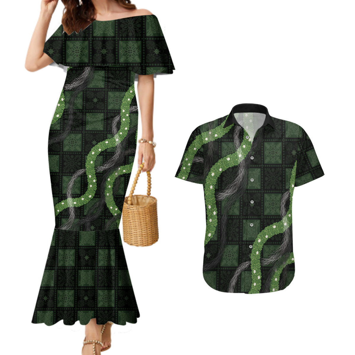 Hawaiian Quilt Couples Matching Mermaid Dress and Hawaiian Shirt Pele Hair Hinahina Lei Black Version