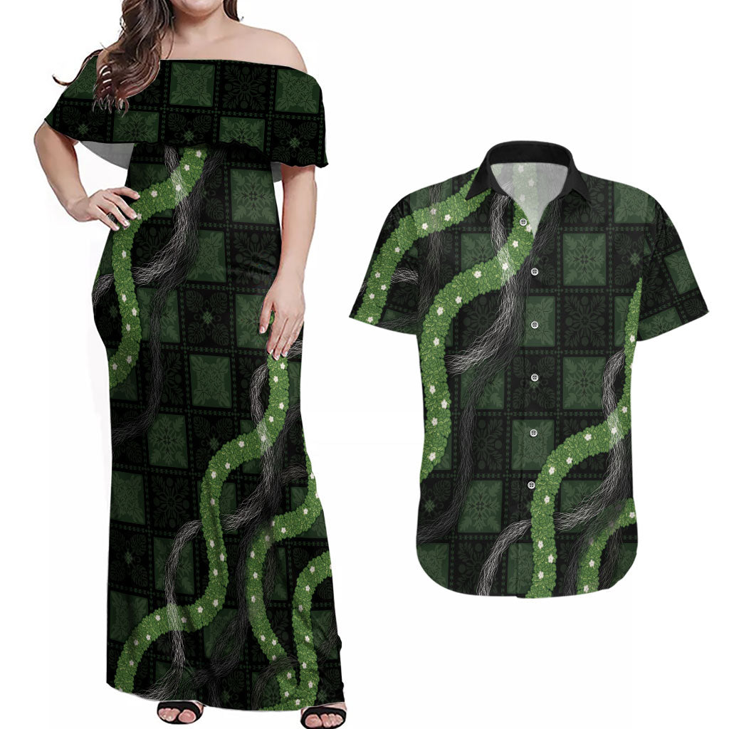 Hawaiian Quilt Couples Matching Off Shoulder Maxi Dress and Hawaiian Shirt Pele Hair Hinahina Lei Black Version