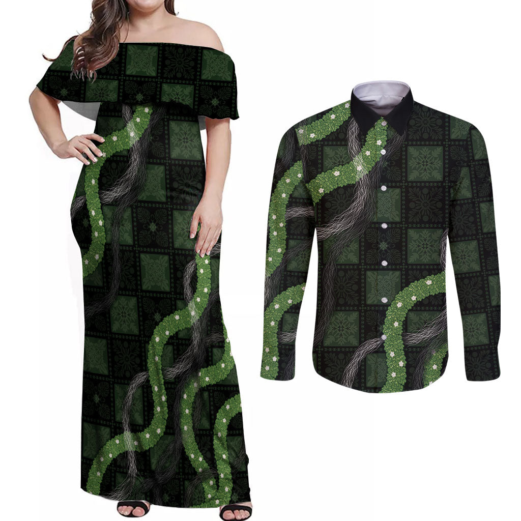 Hawaiian Quilt Couples Matching Off Shoulder Maxi Dress and Long Sleeve Button Shirt Pele Hair Hinahina Lei Black Version