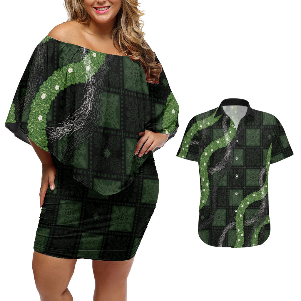 Hawaiian Quilt Couples Matching Off Shoulder Short Dress and Hawaiian Shirt Pele Hair Hinahina Lei Black Version