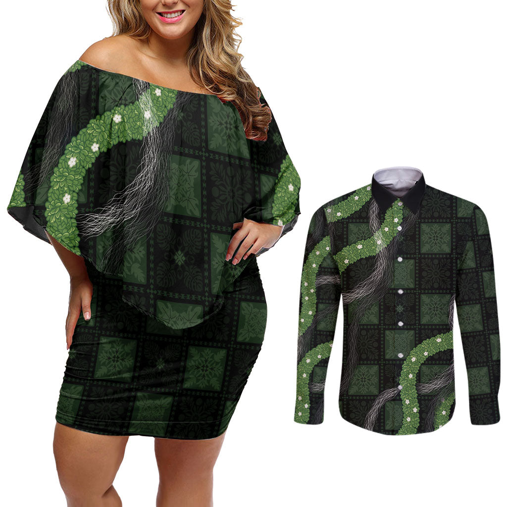 Hawaiian Quilt Couples Matching Off Shoulder Short Dress and Long Sleeve Button Shirt Pele Hair Hinahina Lei Black Version LT05 Black - Polynesian Pride